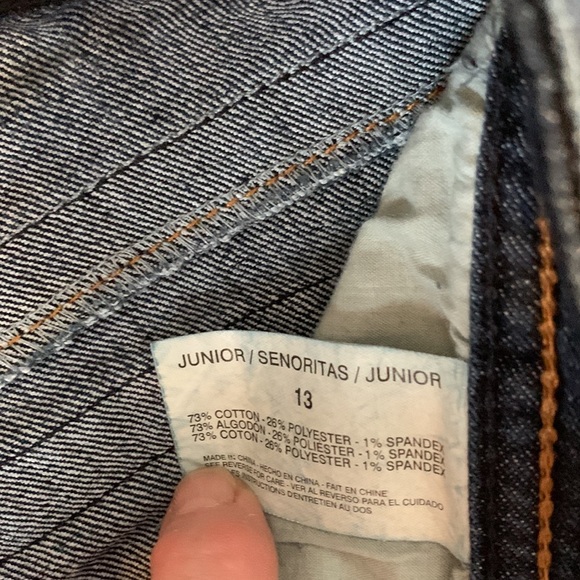 Jeans, blue wash denim, low rise, straight leg, flat pockets on back, size 13. - Picture 4 of 8